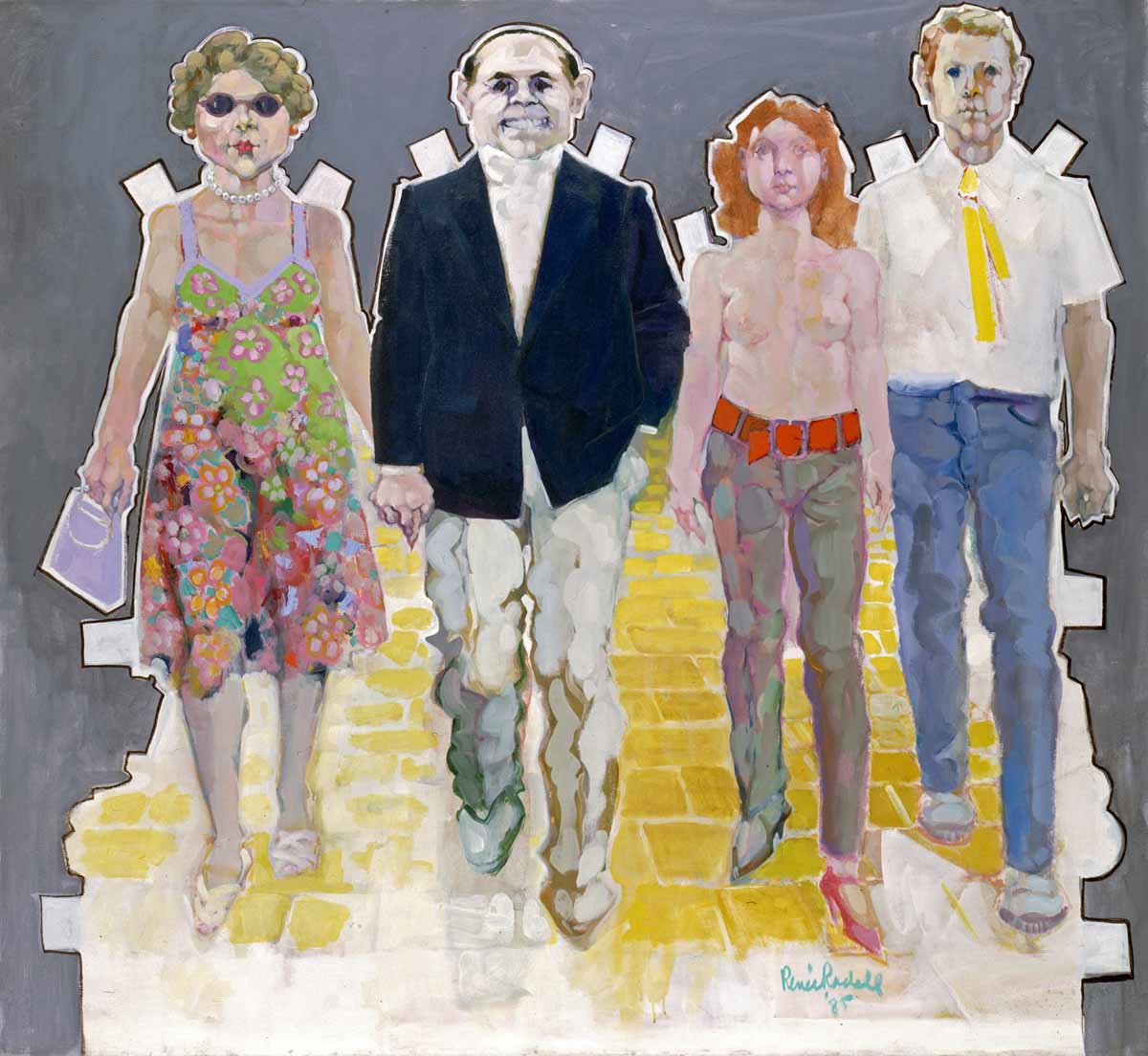 A painting of four people standing on the sidewalk