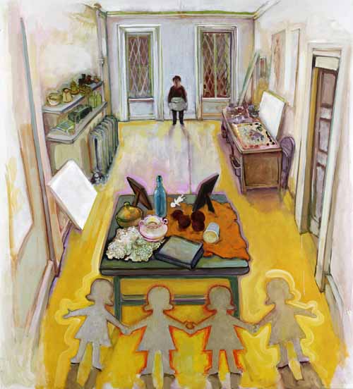 A painting of a room with people in the background