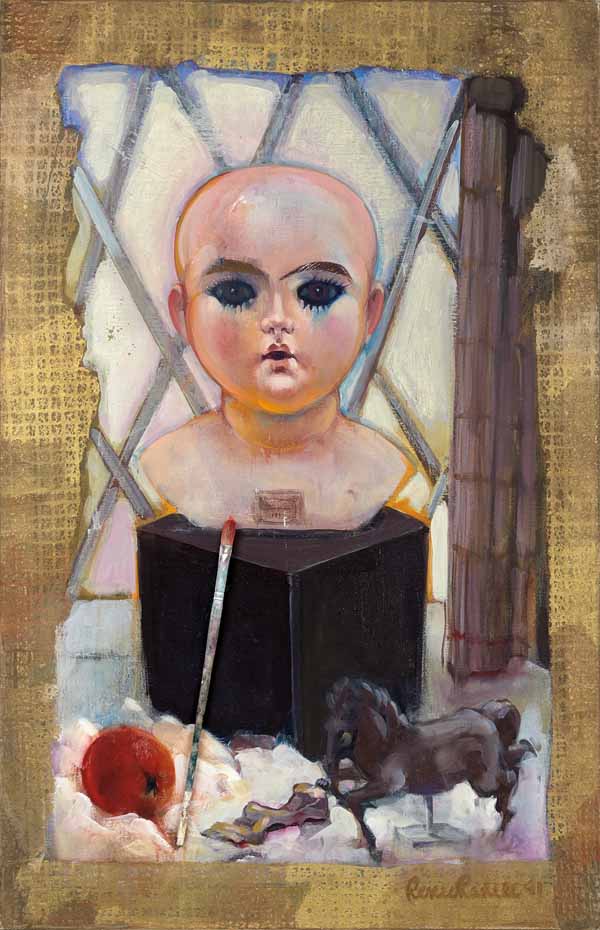 A painting of a child with an apple and candles.