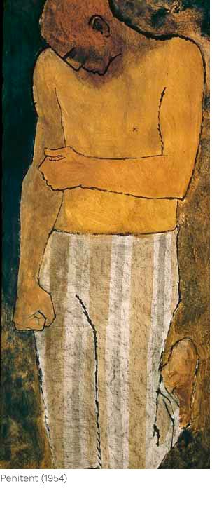 A painting of a man in yellow shirt and striped pants.