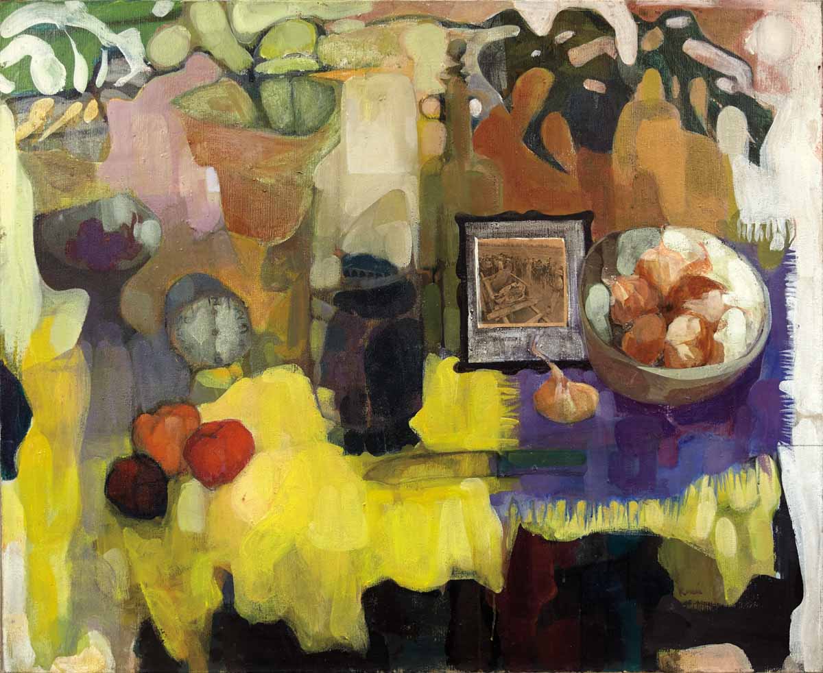 A painting of a table with fruit and a vase