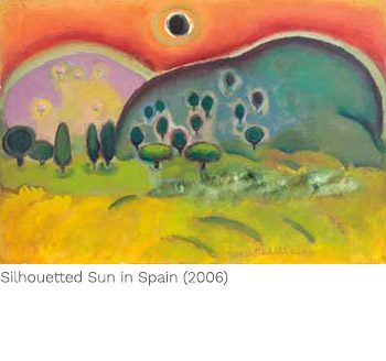 A painting of trees and sun in the background.