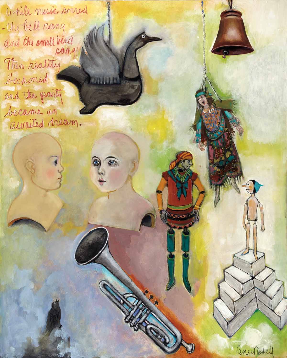 A painting of various people and objects in the shape of a bird.