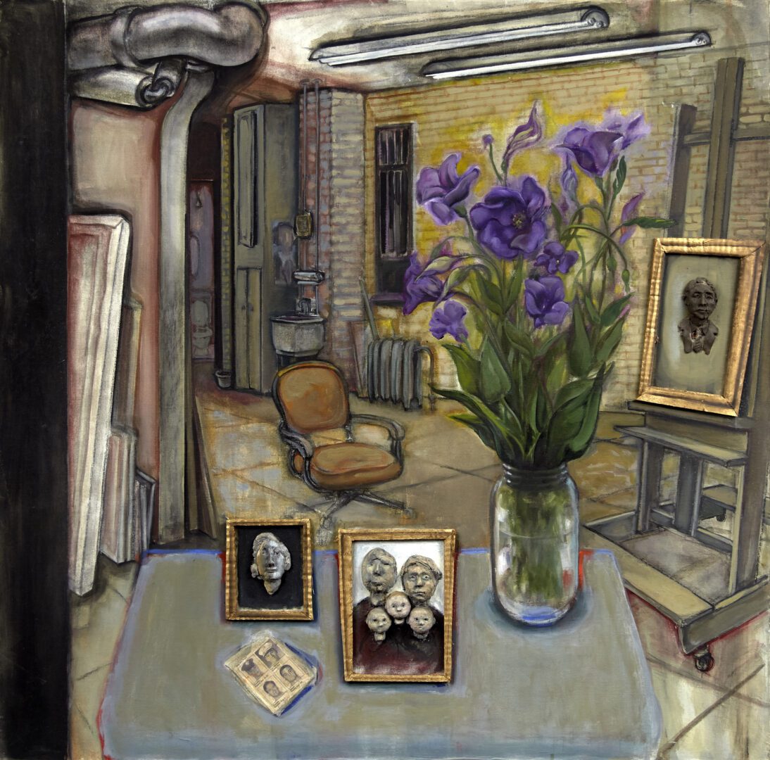 A painting of a living room with purple flowers.