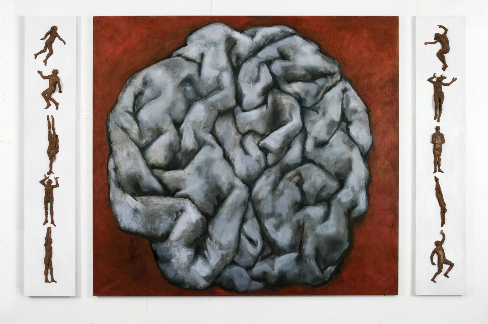 A painting of a white brain on red.