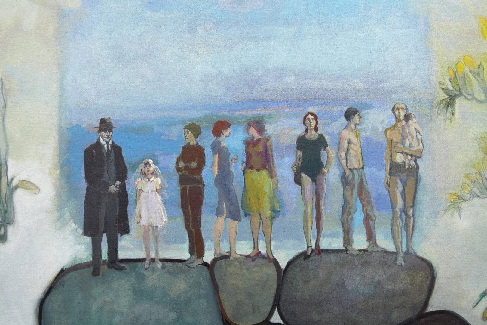 A painting of people standing on rocks near the ocean.