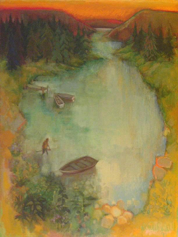 A painting of two boats in the water