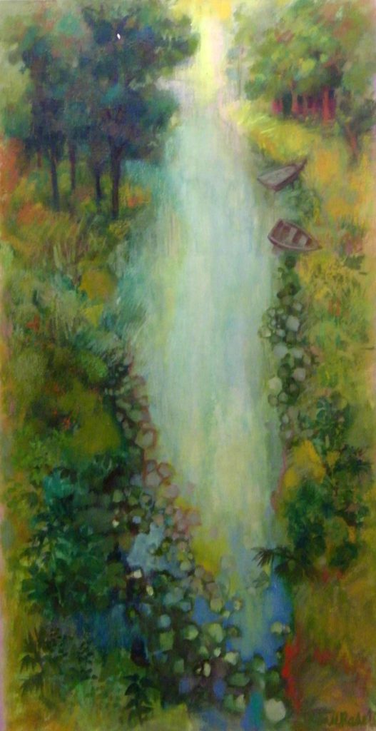 A painting of a waterfall in the middle of a forest.