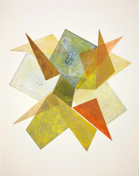 A painting of various shapes and colors on paper.