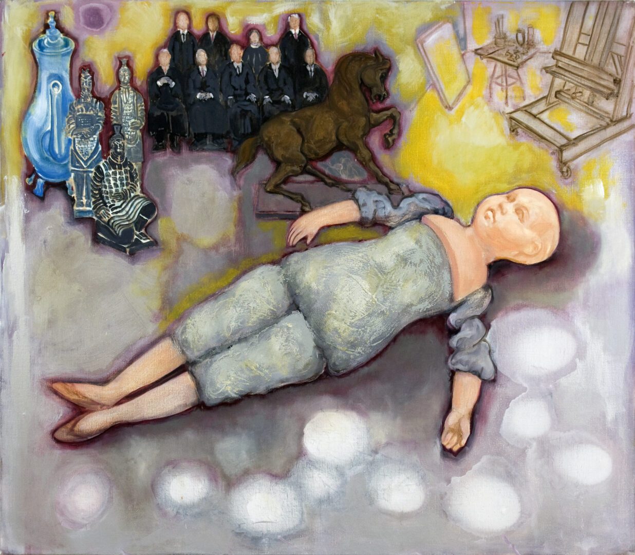 A painting of a baby laying on the ground